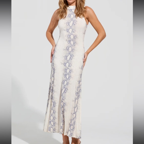 AKIRA Cream Snakeskin Clear Beaded Rhinestone High Neck Maxi Dress - Picture 2 of 12